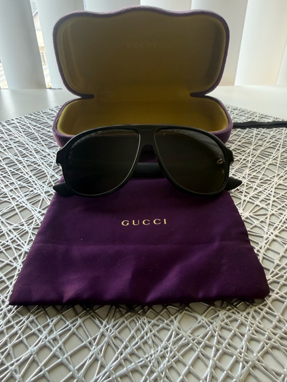 Gucci Black Aviator Sunglasses with Purple Case and Pouch.